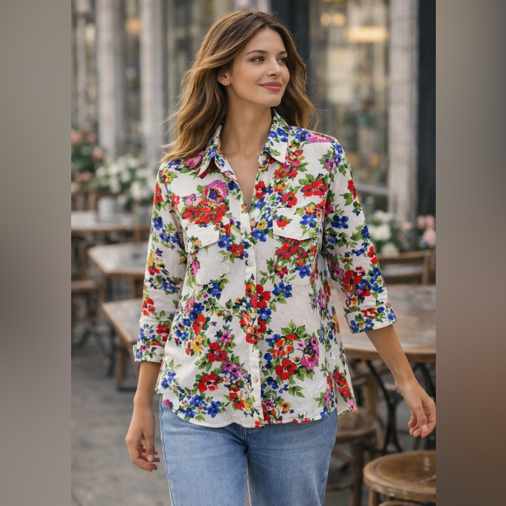 Dear John Anthropologie Style Floral Swiss Dot Blouse Button Front Womens Small